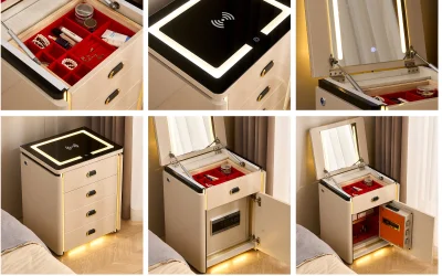 Mesita tocador inteligente de 50 cm con tapa abatible, espejo iluminado y caja segura