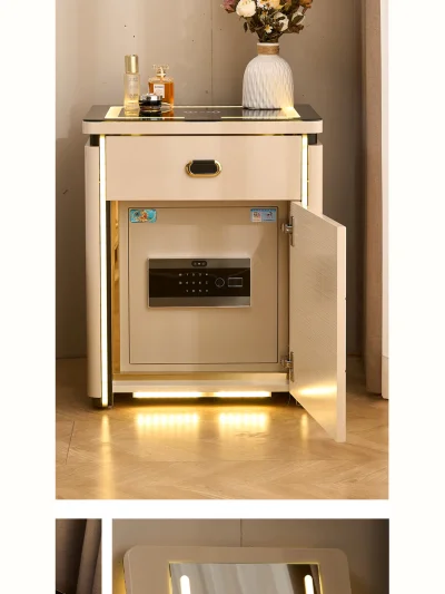 Mesita tocador inteligente de 50 cm con tapa abatible, espejo iluminado y caja segura