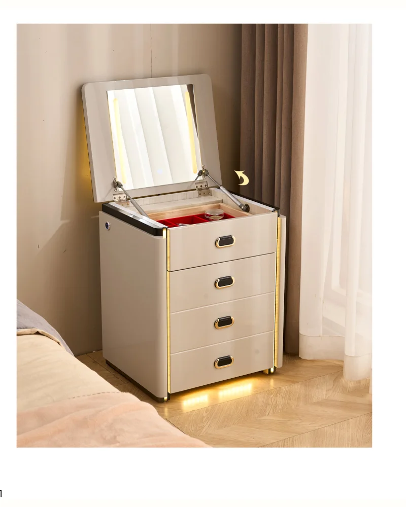 Mesita tocador inteligente de 50 cm con tapa abatible, espejo iluminado y caja segura