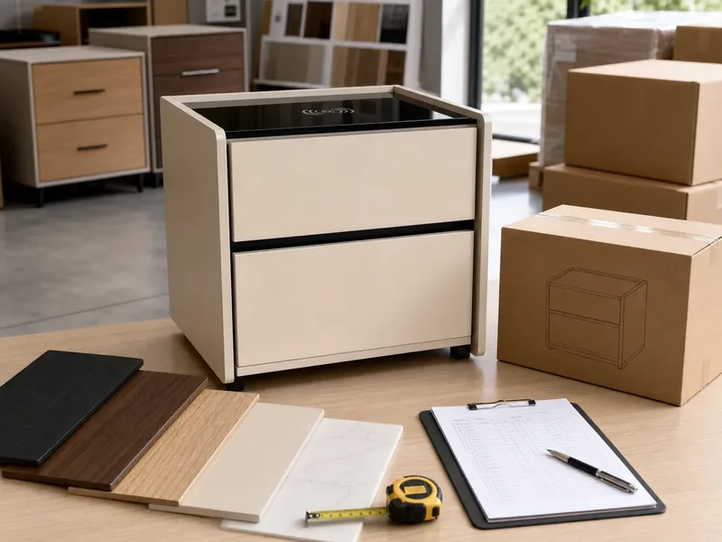 Two-drawer nightstand sample review with finish boards and export carton planning