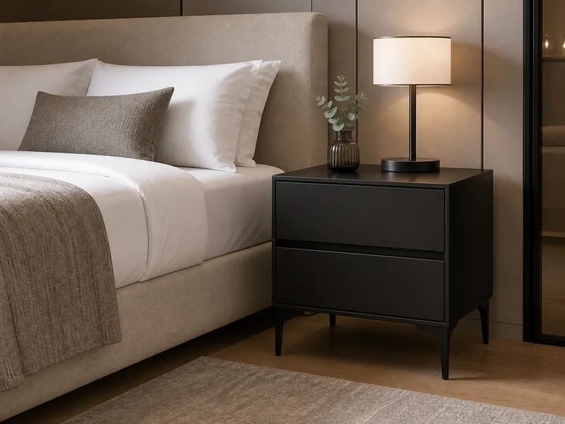 Mesita moderna negra 8111 junto a una cama de hotel boutique
