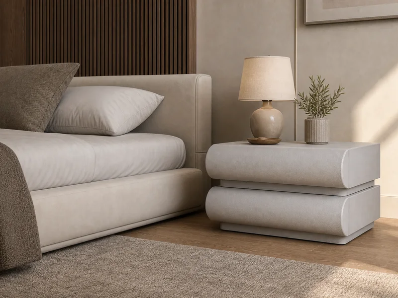 Mesita tapizada baja con frente ondulado XH en dormitorio con cama baja