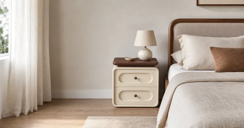 Woodgrain-Top Upholstered Nightstand W60: Product Pick for Mixed-Finish Bedroom Ranges