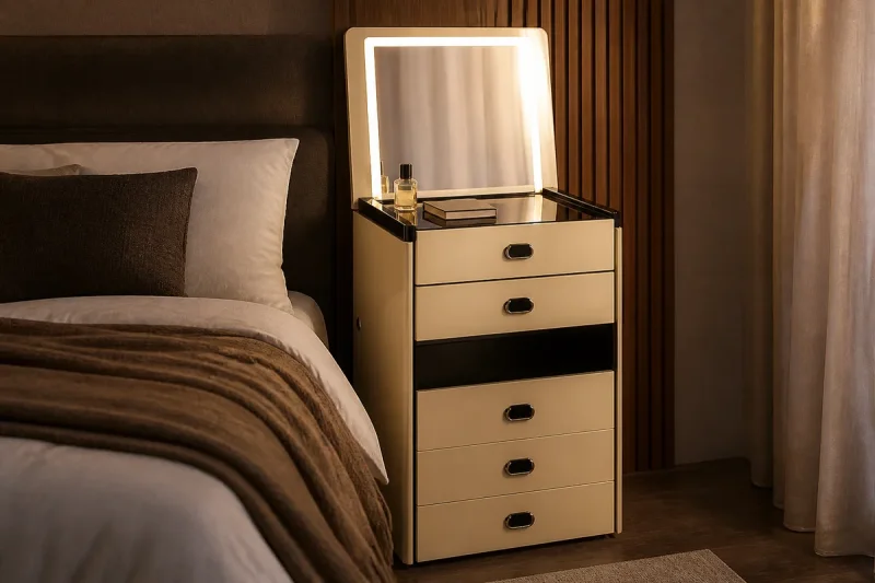 Mueble tocador inteligente VC01 café leche alto con espejo iluminado vertical, frentes de almacenamiento y tapa negra efecto vidrio en un dormitorio de hotel