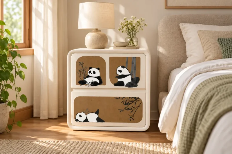 Mesita blanca redondeada ZG08 con ilustraciones de pandas junto a una cama